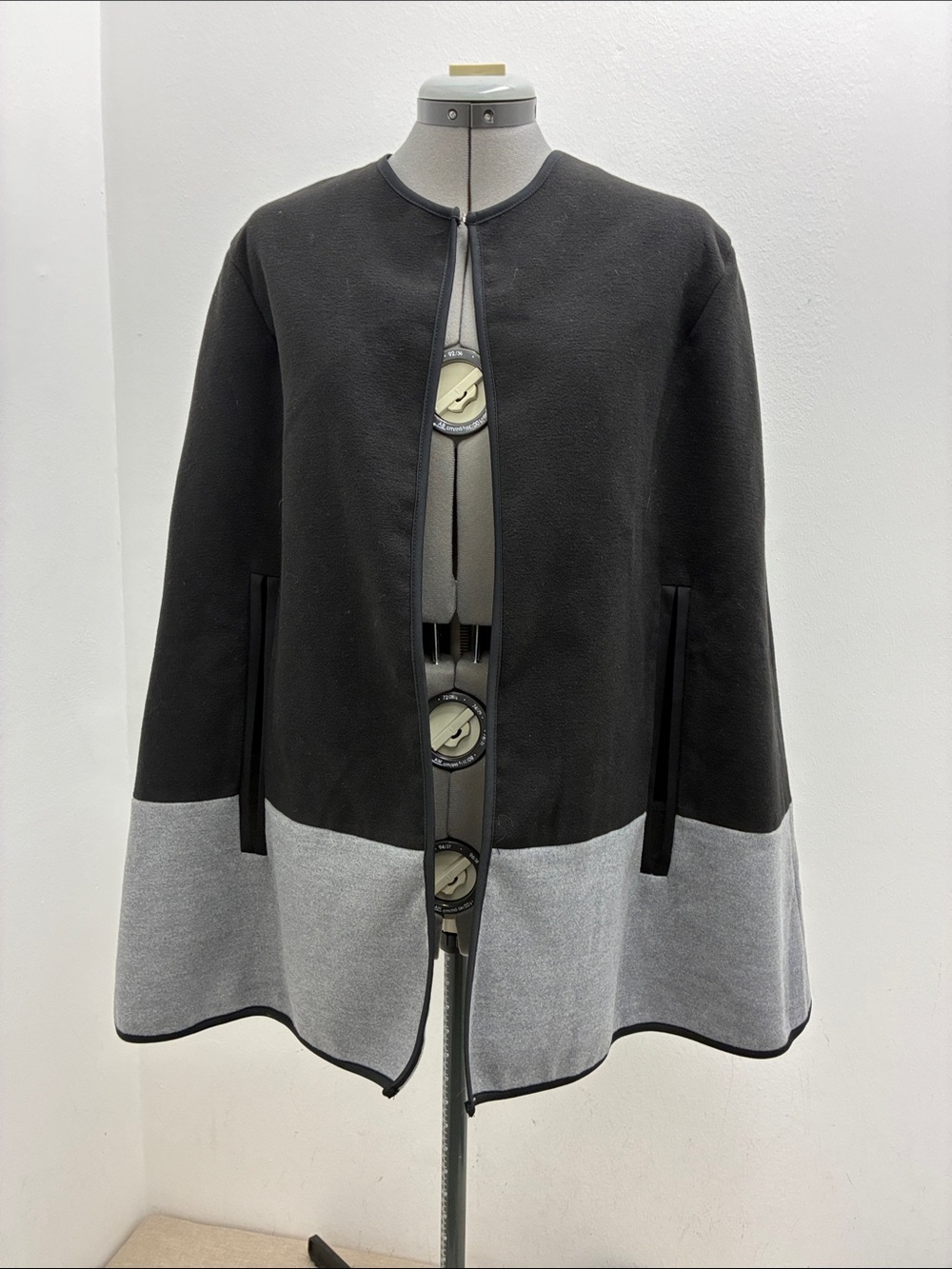 BCBGeneration Black and Light Gray Paneled Open Cape Coat